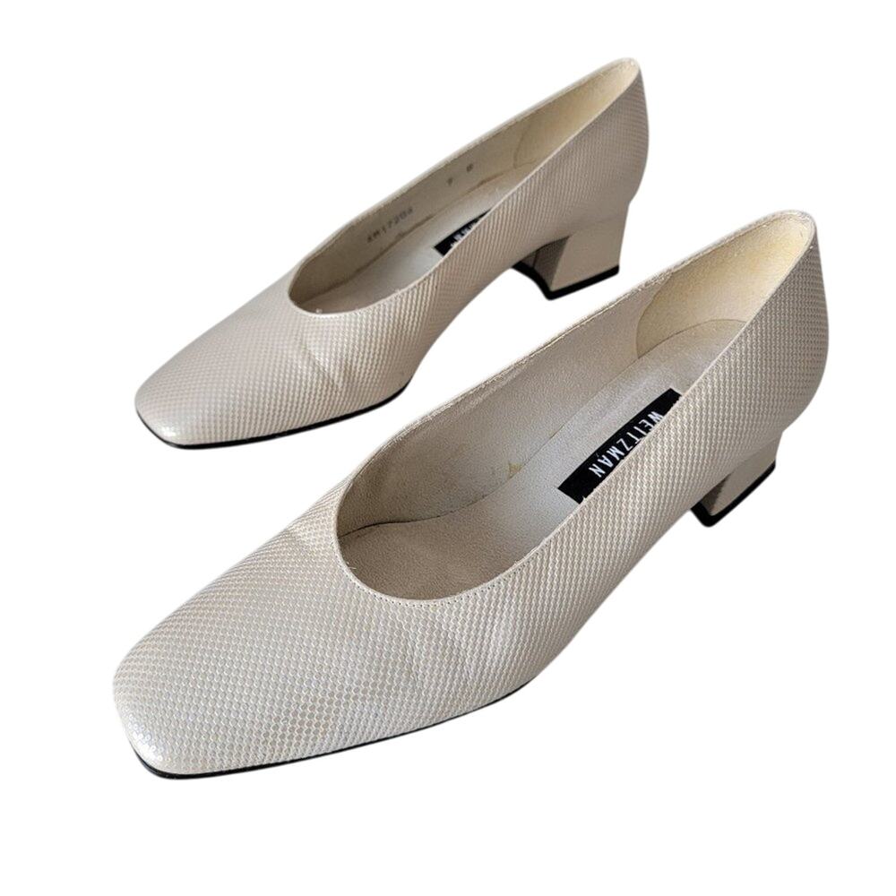 Stuart Weitzman Leather Block Heel Pumps Womens Size 9 Bone White Textured